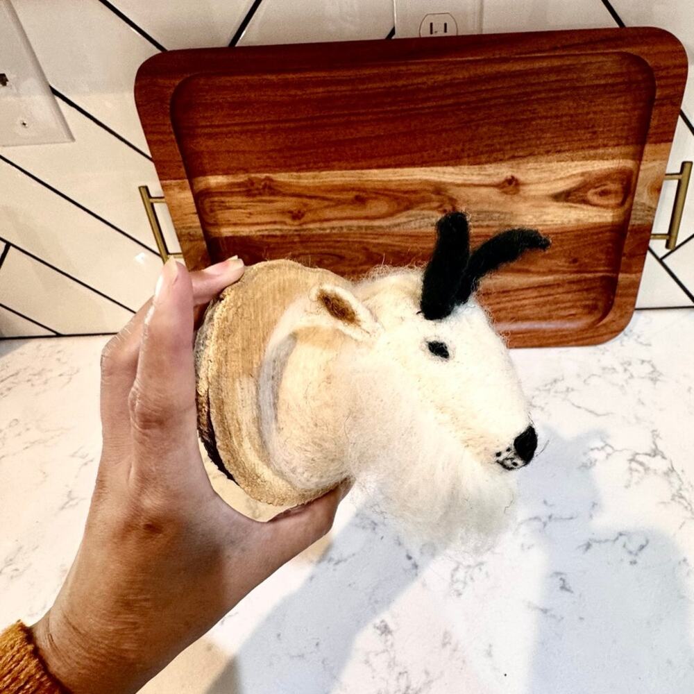 handmade needle-felt wool goat head faux taxidermy wall mount wood backing art